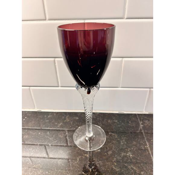 Vintage Art Glass Goblet Clear Twisted Stem Handcrafted in Yugoslavia Amethyst - Picture 3 of 8